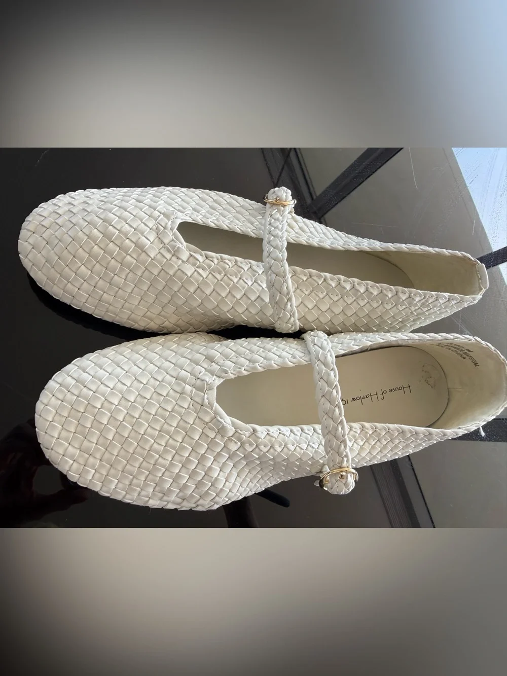 House of Harlow 8M Woven White Mary Jane Flats with Gold Buckle